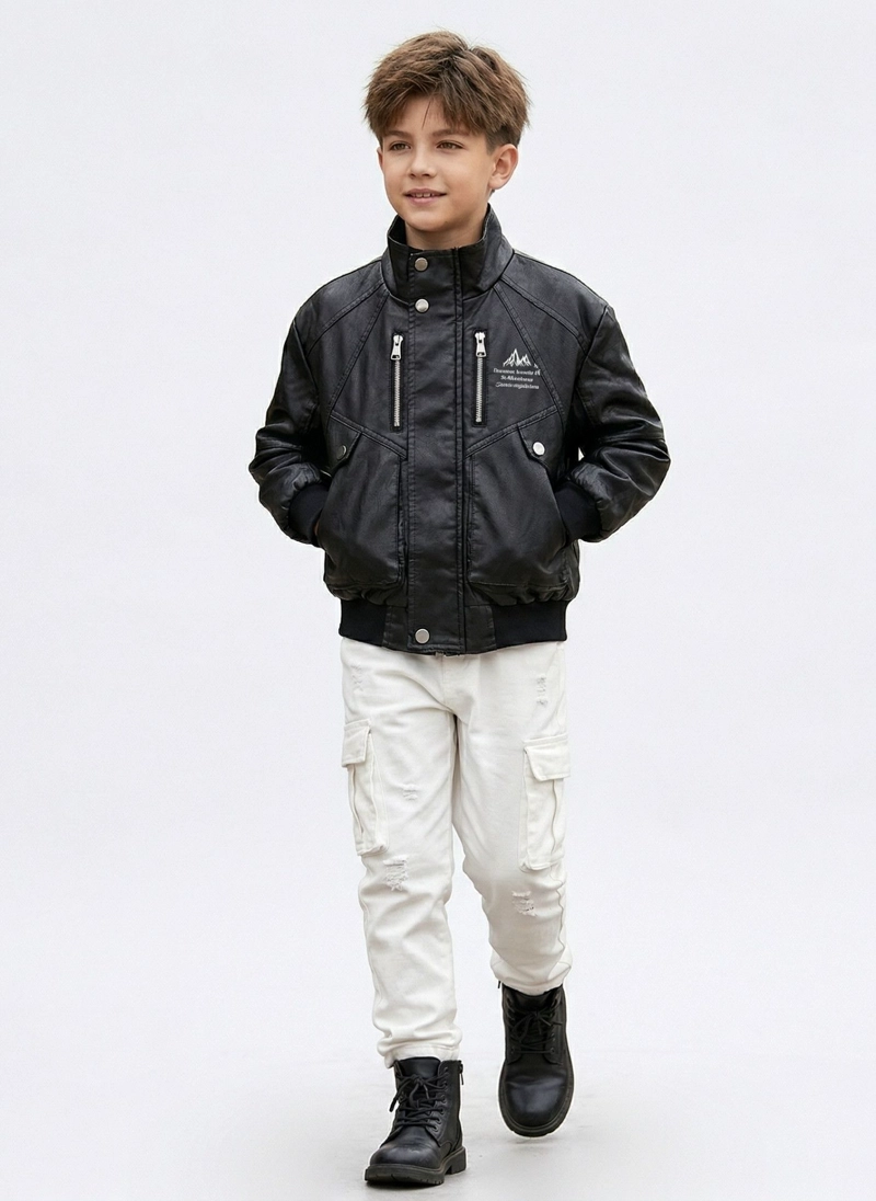CHAQUETA ECOCUERO NIÑO ESTILO AVIADOR BIKER INVIERNO NEGRA - 1