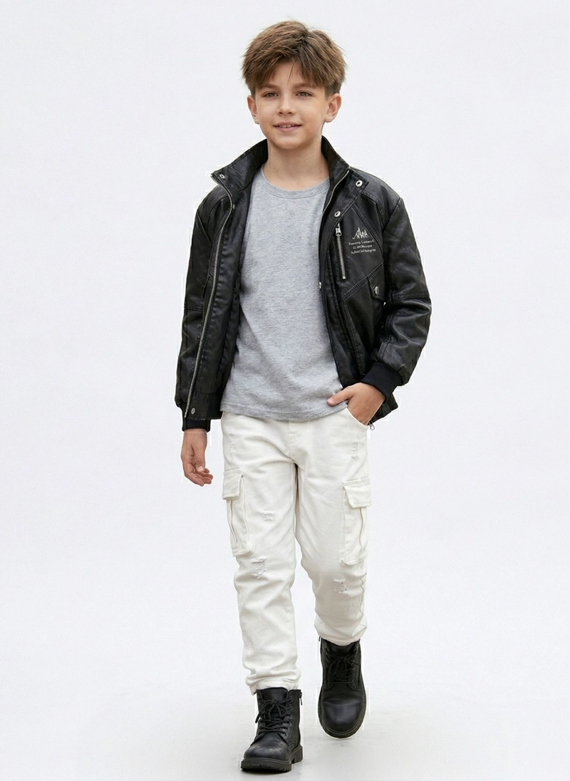 CHAQUETA ECOCUERO NIÑO ESTILO AVIADOR BIKER INVIERNO NEGRA - 2