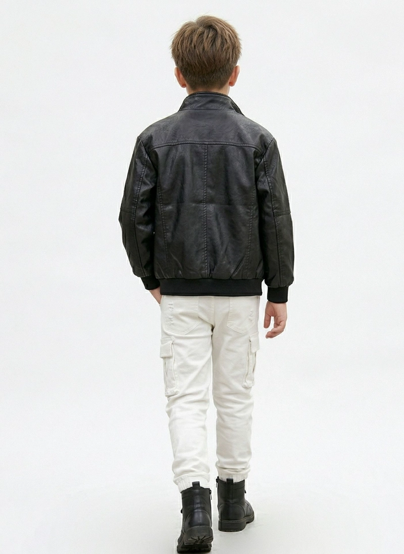 CHAQUETA ECOCUERO NIÑO ESTILO AVIADOR BIKER INVIERNO NEGRA - 3