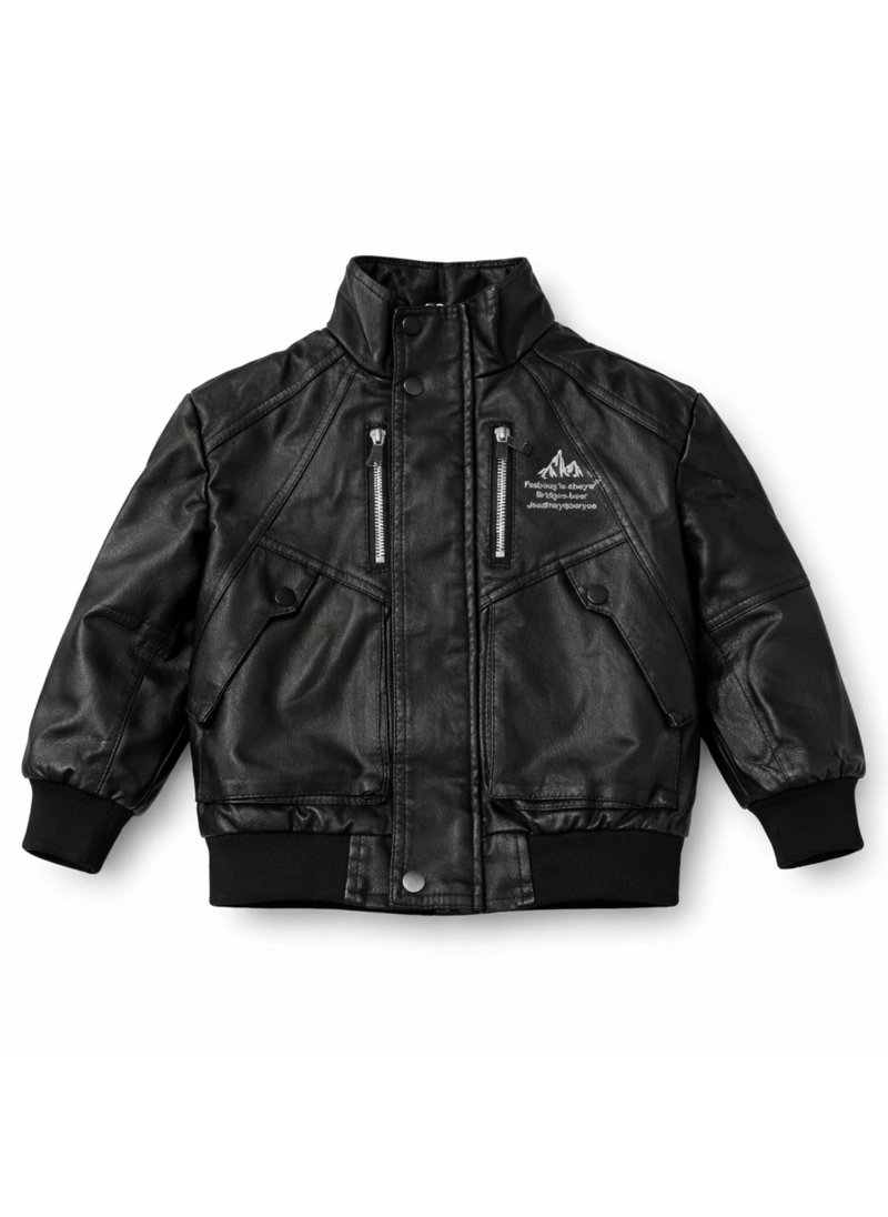CHAQUETA ECOCUERO NIÑO ESTILO AVIADOR BIKER INVIERNO NEGRA - 4