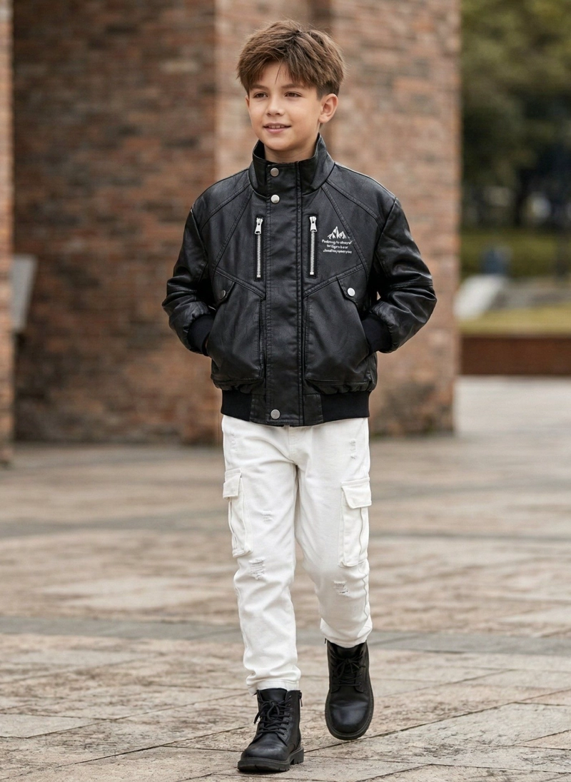 CHAQUETA ECOCUERO NIÑO ESTILO AVIADOR BIKER INVIERNO NEGRA - 5