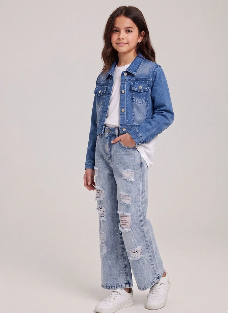 CHAQUETA JEANS CON BRILLO NIÑA MEZCLILLA STRASS CORTA - 1