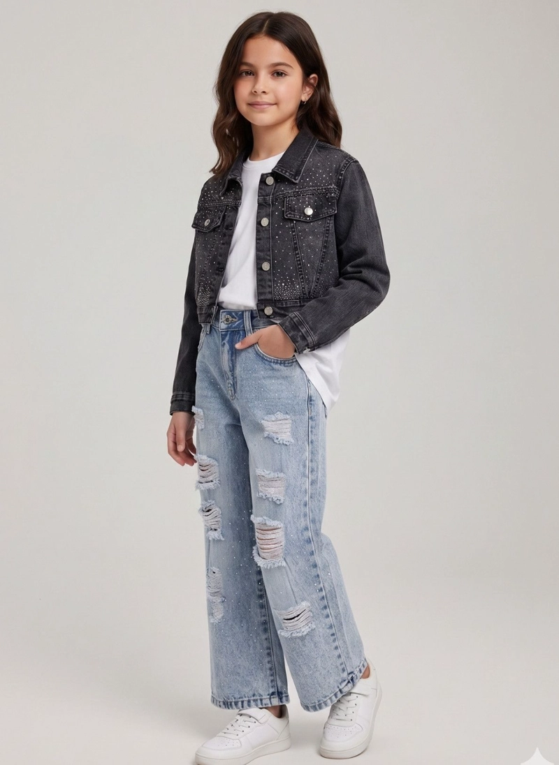 CHAQUETA JEANS CON BRILLO NIÑA MEZCLILLA STRASS CORTA - 1