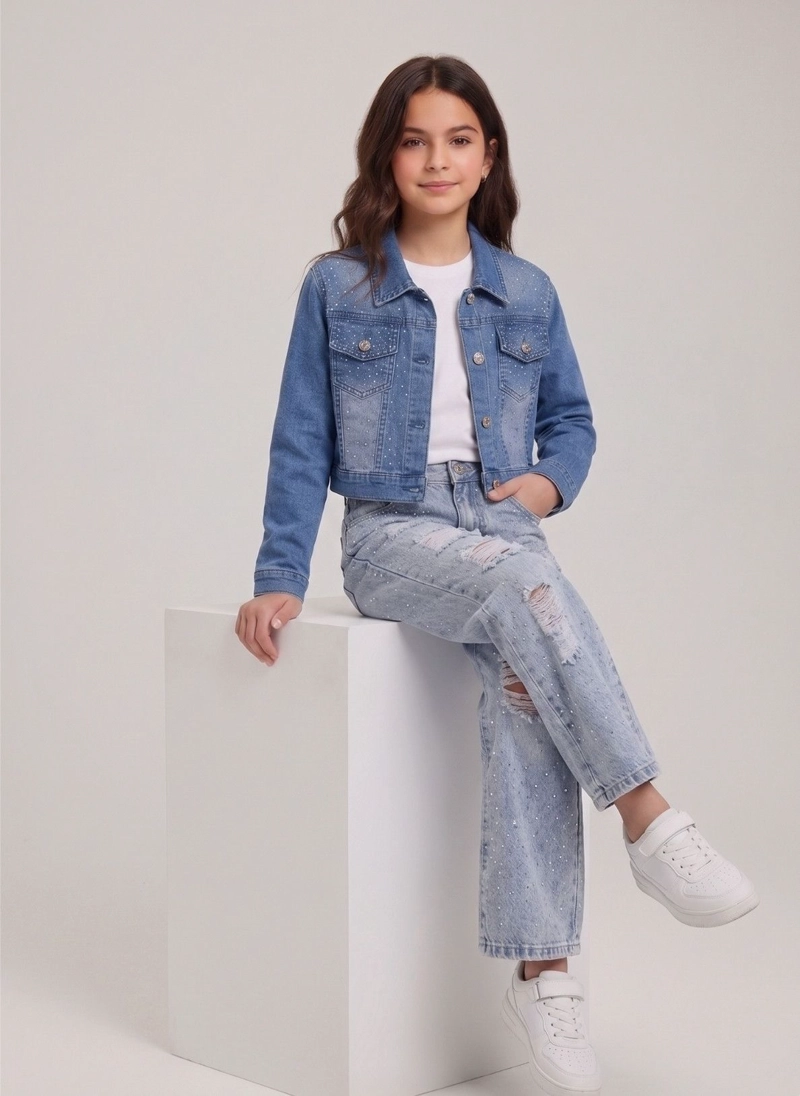 CHAQUETA JEANS CON BRILLO NIÑA MEZCLILLA STRASS CORTA - 2