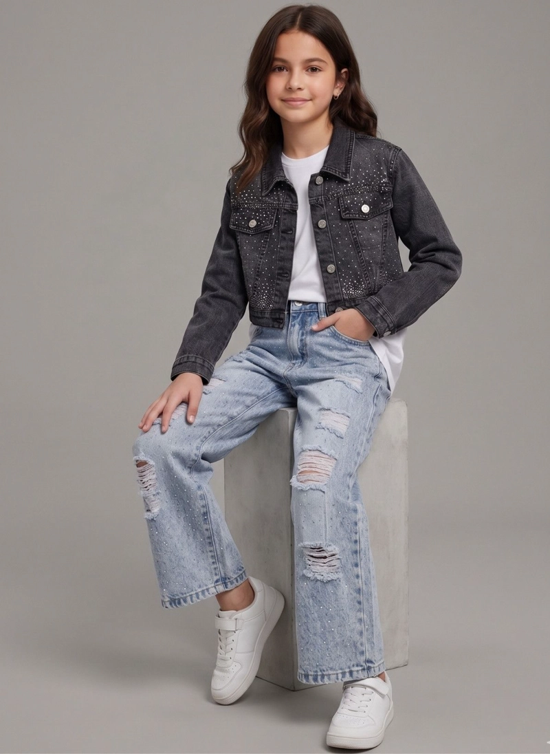 CHAQUETA JEANS CON BRILLO NIÑA MEZCLILLA STRASS CORTA - 2