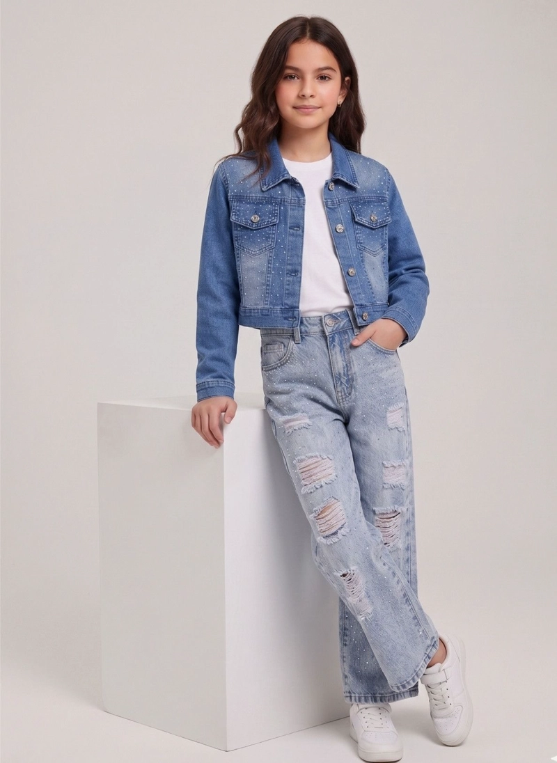 CHAQUETA JEANS CON BRILLO NIÑA MEZCLILLA STRASS CORTA - 3