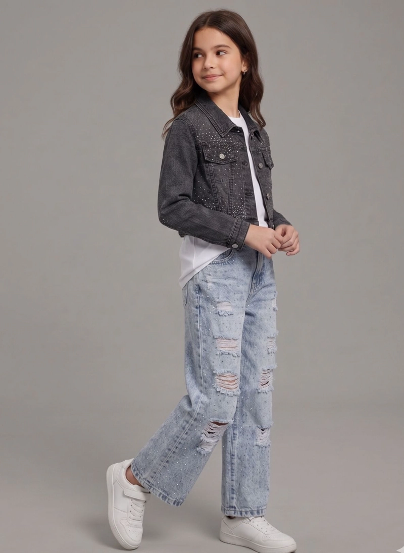 CHAQUETA JEANS CON BRILLO NIÑA MEZCLILLA STRASS CORTA - 3