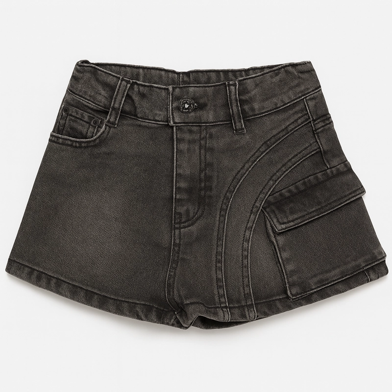 FALDA SHORT MEZCLILLA NIÑA CARGO JUVENIL NEGRO - 1