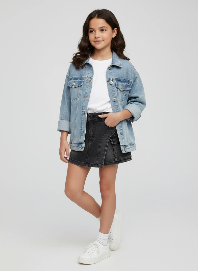 FALDA SHORT MEZCLILLA NIÑA CARGO JUVENIL NEGRO - 2