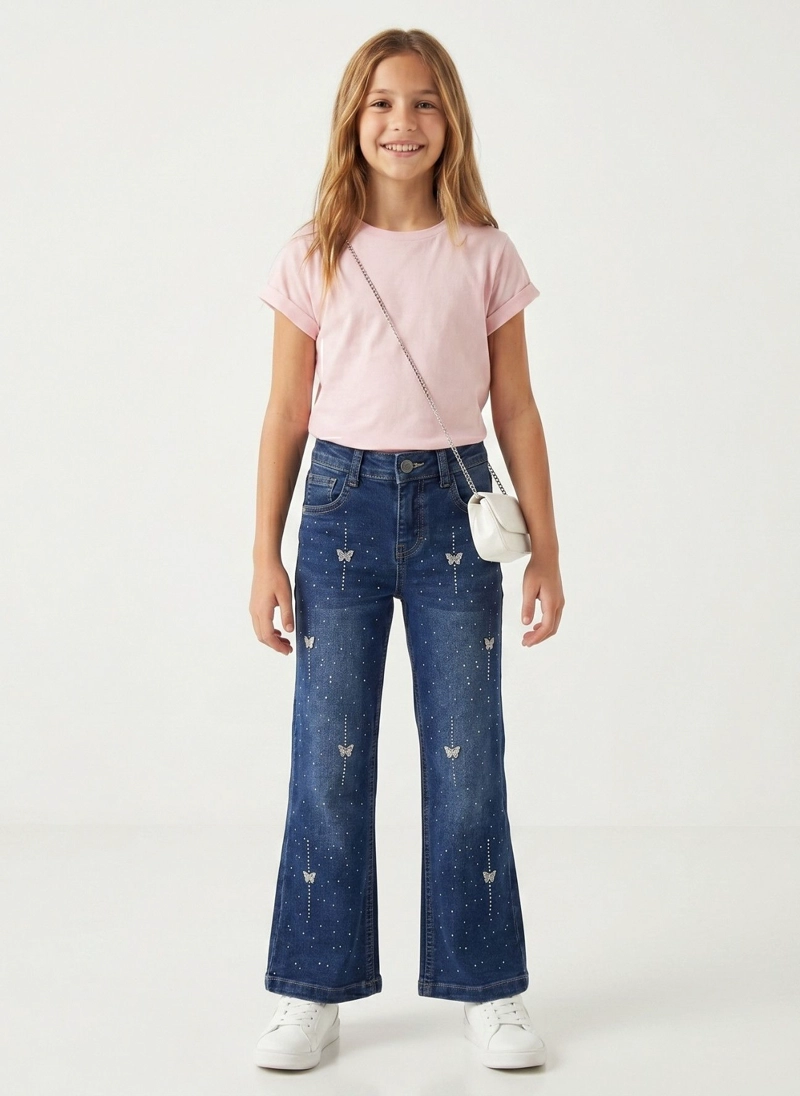 PANTALON MEZCLILLA NIÑA CORTE FLARE CON BRILLANTES CHIC - 2