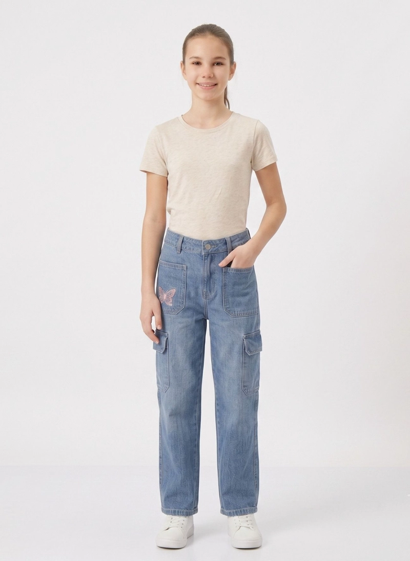 PANTALON CARGO NIÑA JEANS MODA URBANA CON BOLSILLOS - 1