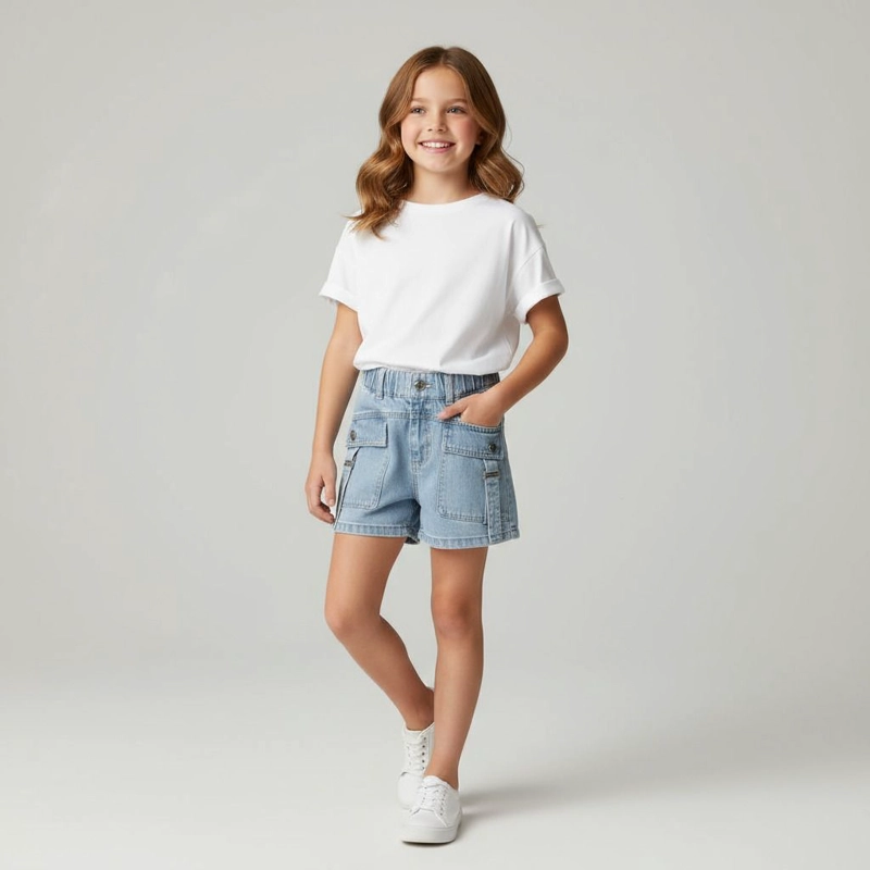 SHORT JEANS NIÑOS AZUL MEDIO KIBOU VINTAGE ESTILO CARGO - 1