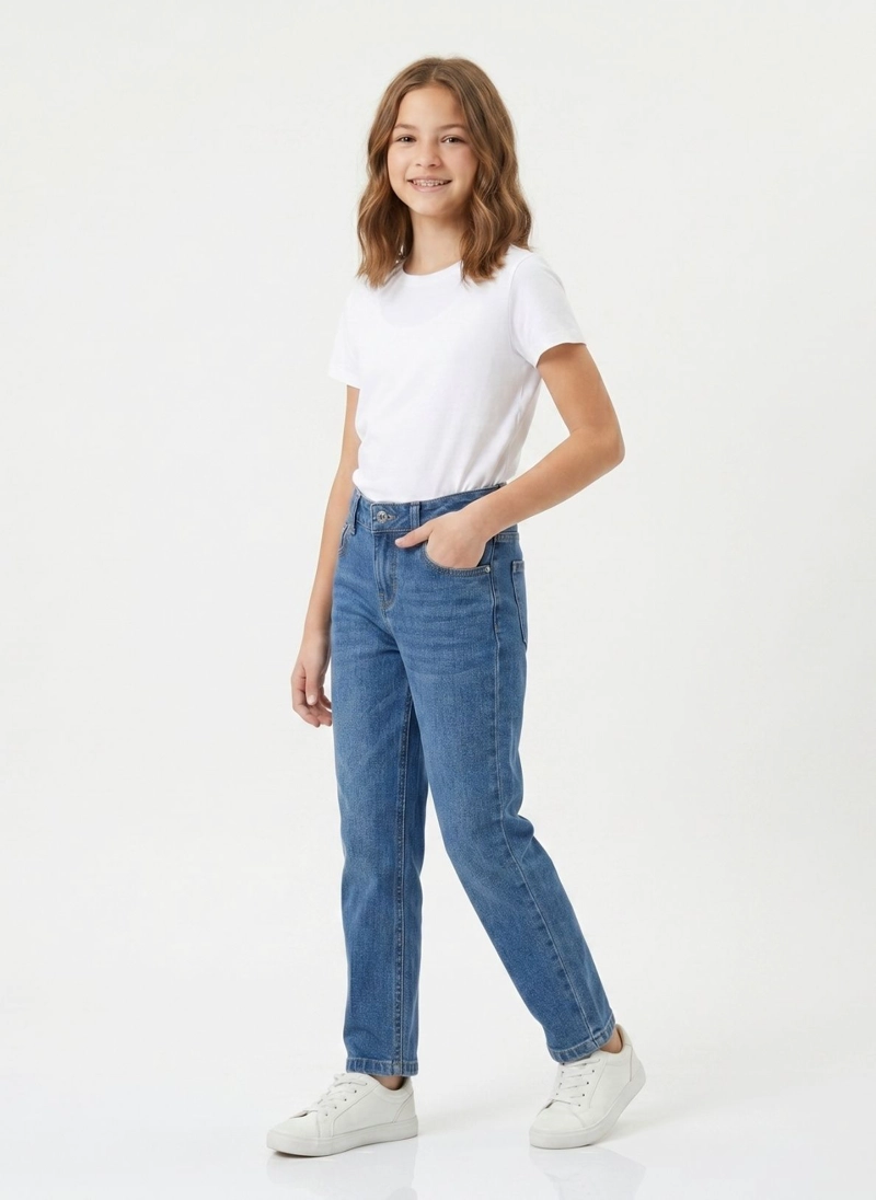 PANTALON JEANS BAGGY NIÑA MEZCLILLA AZUL RECTO - 1