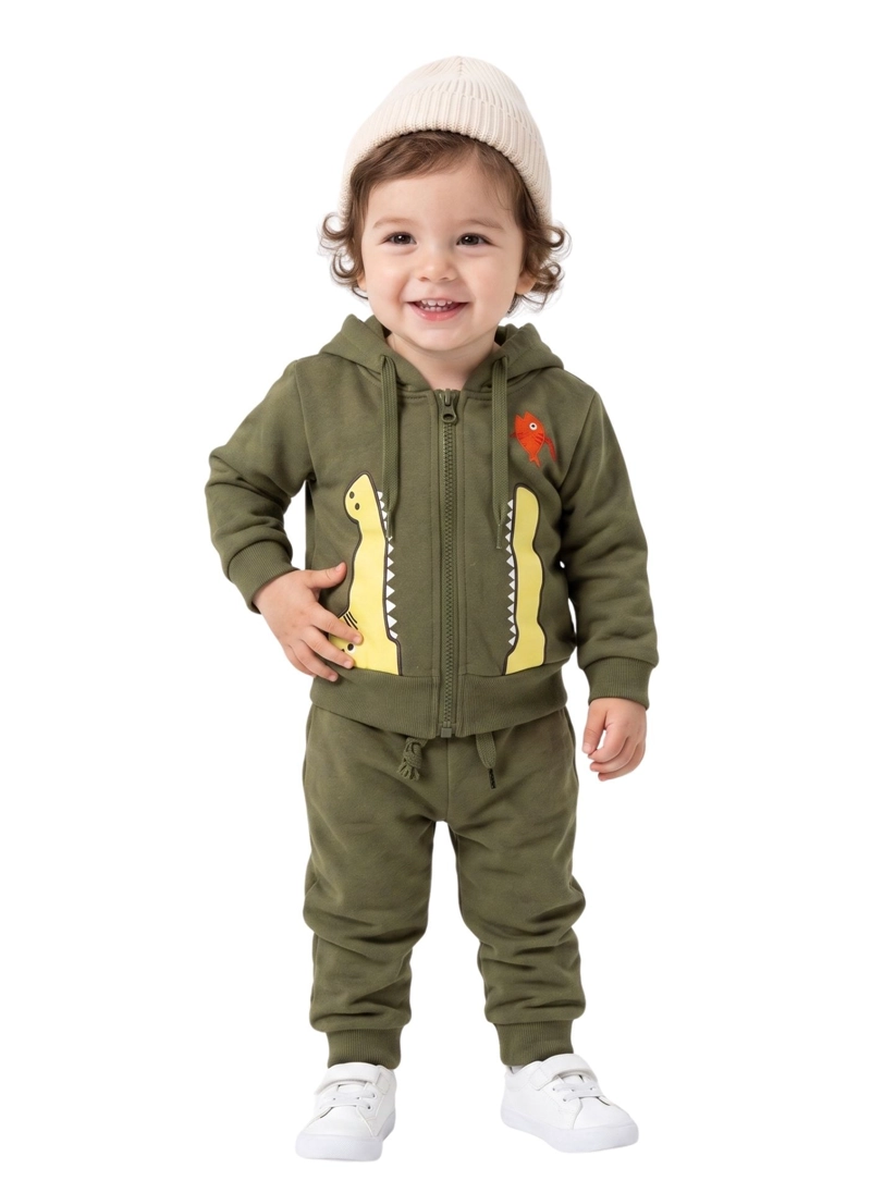 CONJUNTO BEB NIÑO ALGODON CON CAPUCHA DINOSAURIO COCODRILO - 1