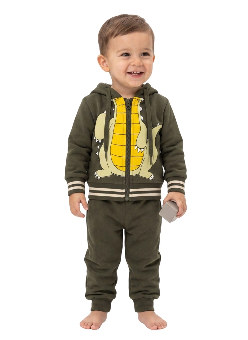 CONJUNTO BEB NIÑO ALGODON CON CAPUCHA DINOSAURIO COCODRILO - 1