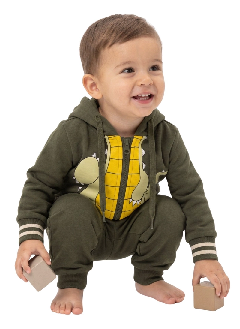 CONJUNTO BEB NIÑO ALGODON CON CAPUCHA DINOSAURIO COCODRILO - 2