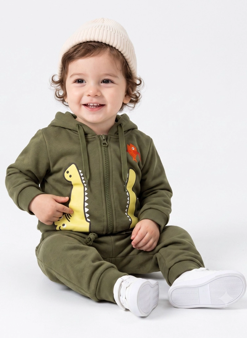 CONJUNTO BEB NIÑO ALGODON CON CAPUCHA DINOSAURIO COCODRILO - 3