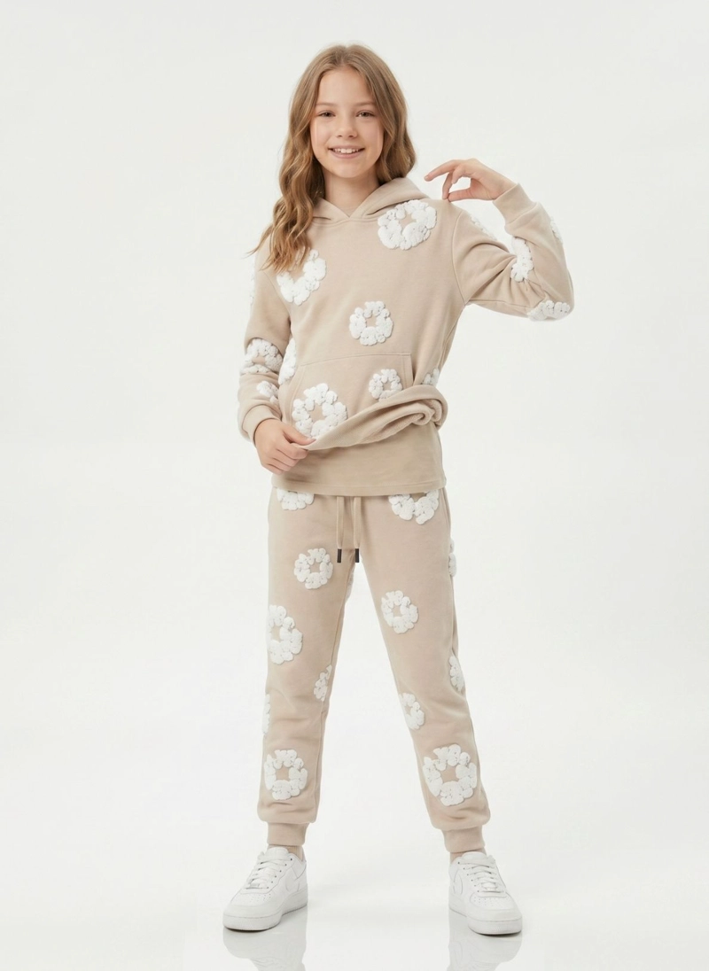 CONJUNTO BUZO NIÑA POLERON CANGURO Y JOGGER FLORES 3D - 3