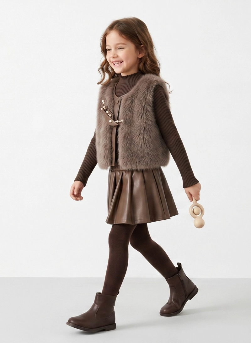 CHALECO PELUDO NIÑA CONJUNTO FALDA INVIERNO ELEGANTE - 3