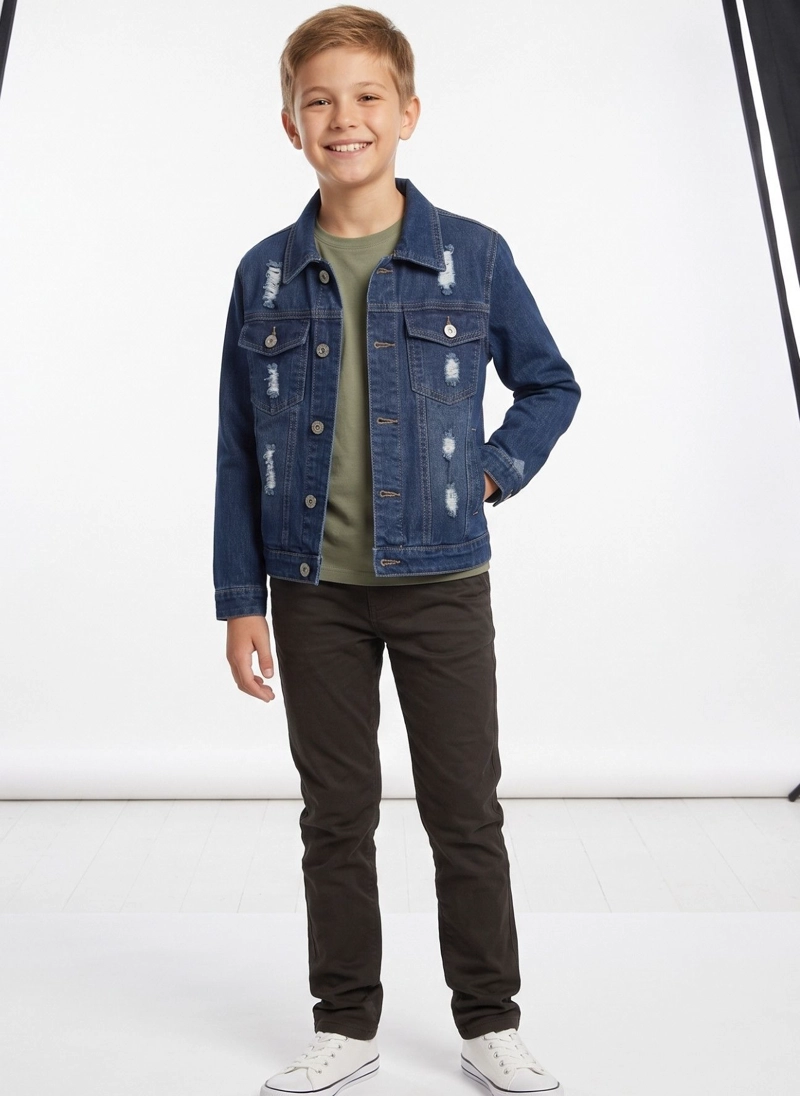 CHAQUETA MEZCLILLA NIÑO JEAN DESGASTADA ROTOS MODA URBANA - 1