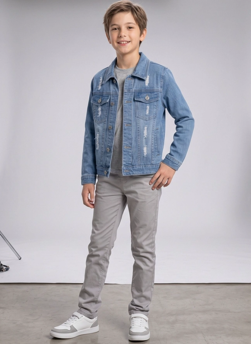 CHAQUETA MEZCLILLA NIÑO JEAN DESGASTADA ROTOS MODA URBANA - 1