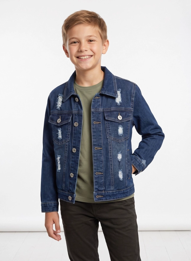 CHAQUETA MEZCLILLA NIÑO JEAN DESGASTADA ROTOS MODA URBANA - 2