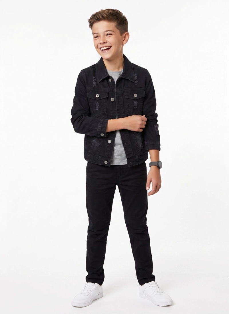 CHAQUETA MEZCLILLA NIÑO JEAN DESGASTADA ROTOS MODA URBANA - 3