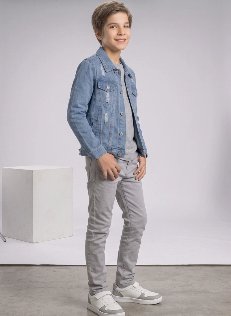 CHAQUETA MEZCLILLA NIÑO JEAN DESGASTADA ROTOS MODA URBANA - 3