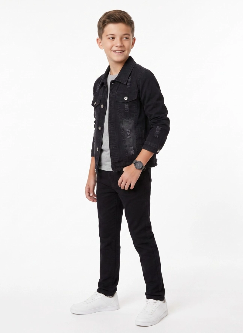 CHAQUETA MEZCLILLA NIÑO JEAN DESGASTADA ROTOS MODA URBANA - 4
