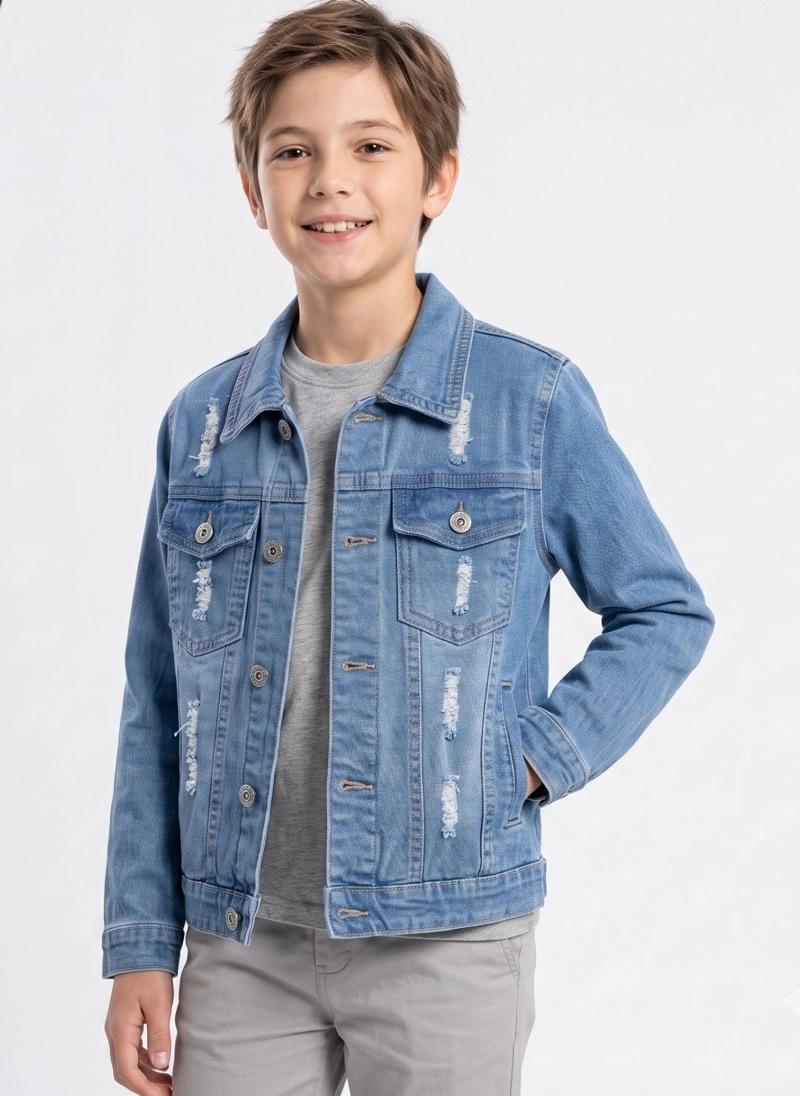 CHAQUETA MEZCLILLA NIÑO JEAN DESGASTADA ROTOS MODA URBANA - 4