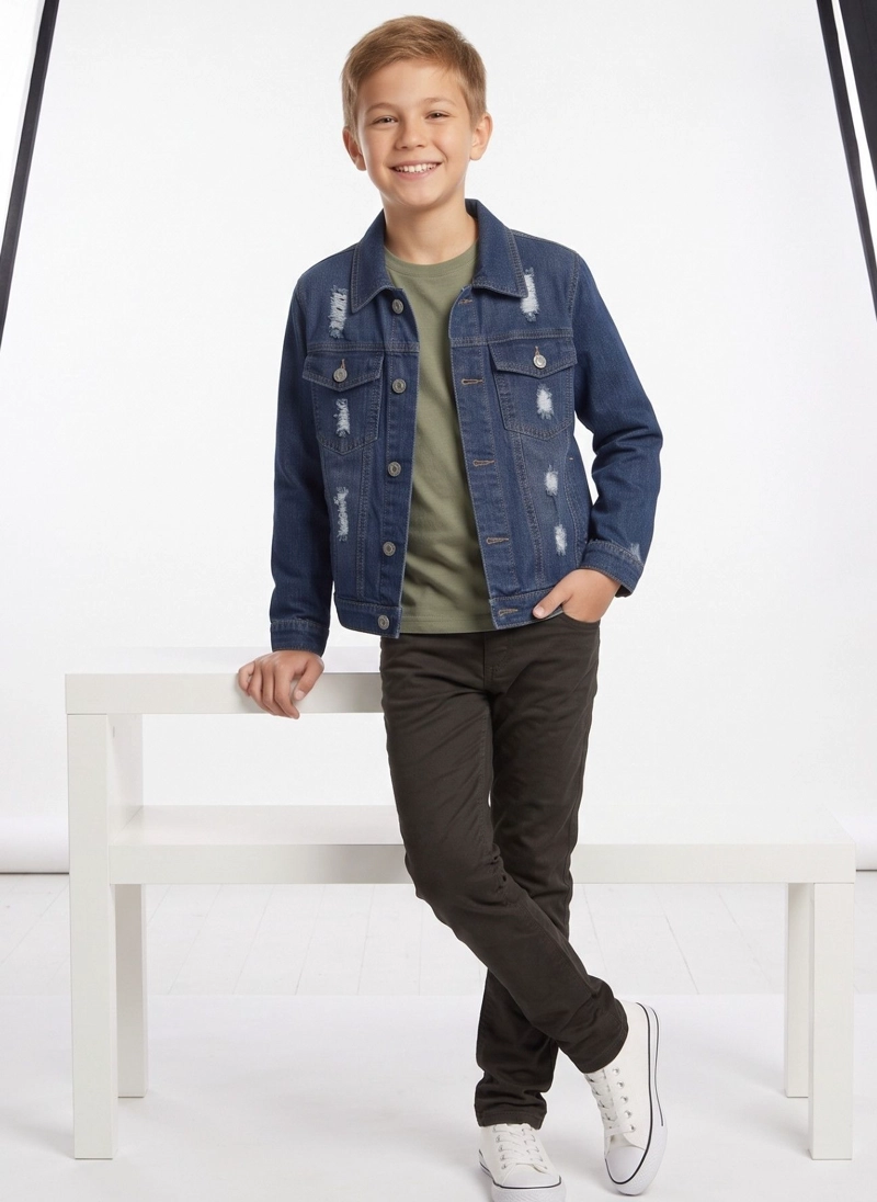 CHAQUETA MEZCLILLA NIÑO JEAN DESGASTADA ROTOS MODA URBANA - 5