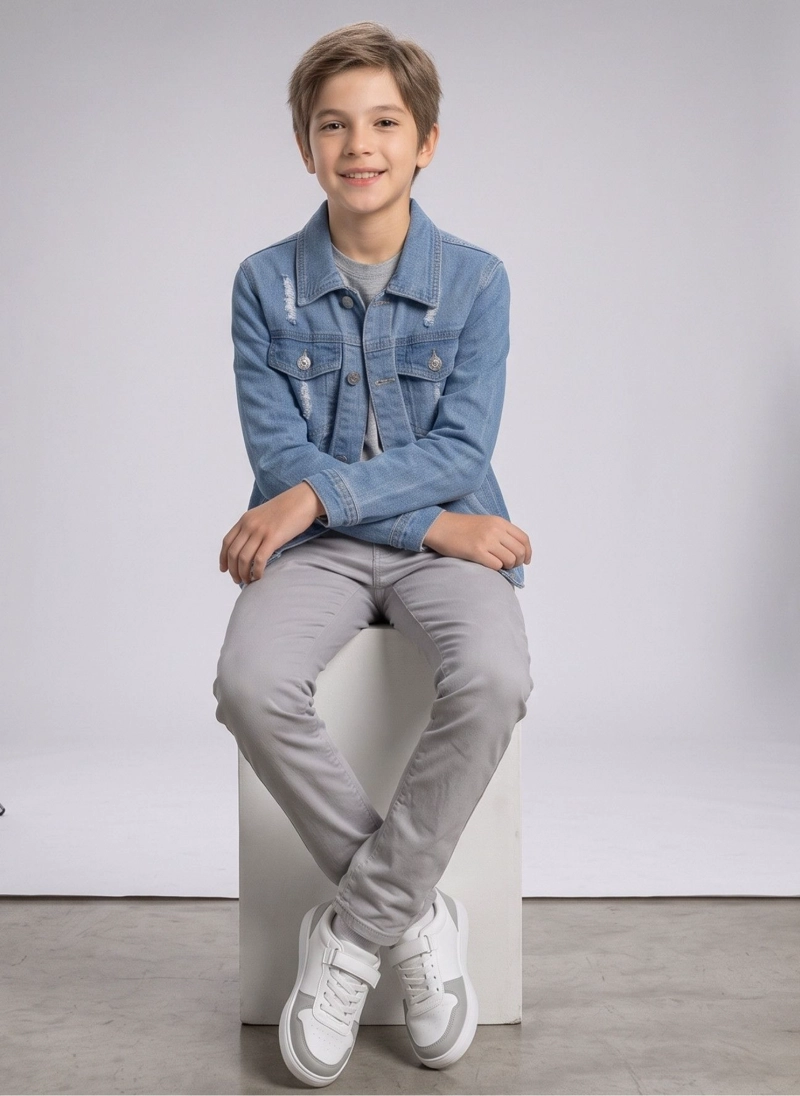 CHAQUETA MEZCLILLA NIÑO JEAN DESGASTADA ROTOS MODA URBANA - 5