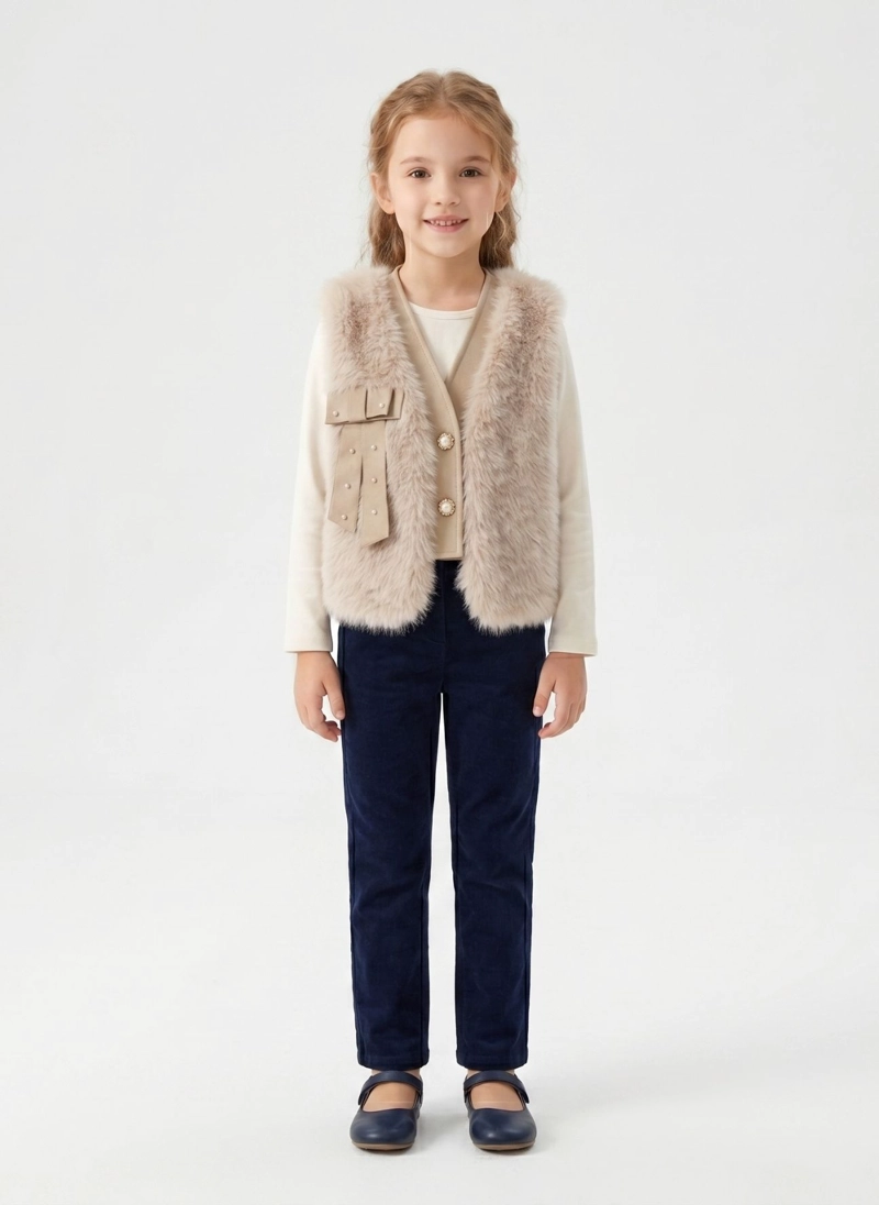 CHALECO PELUDO NIÑA PIEL SINTETICA ELEGANTE CON PERLITAS - 1