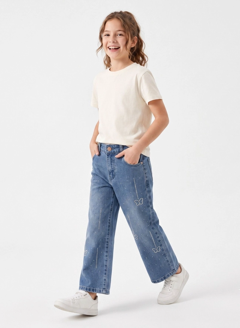 JEANS WIDE LEG CON BRILLOS MARIPOSAS STRASS TIRO ALTO - 1