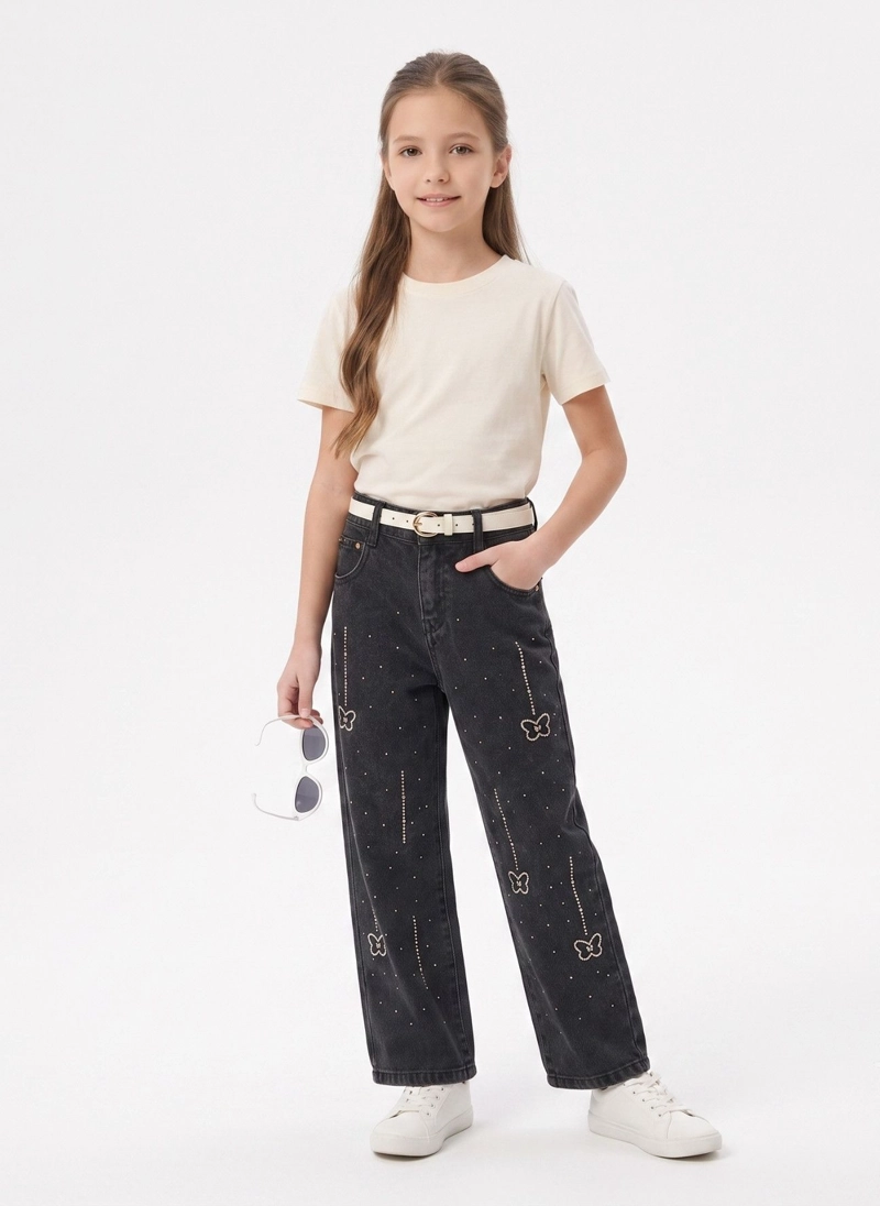 JEANS WIDE LEG CON BRILLOS MARIPOSAS STRASS TIRO ALTO - 1
