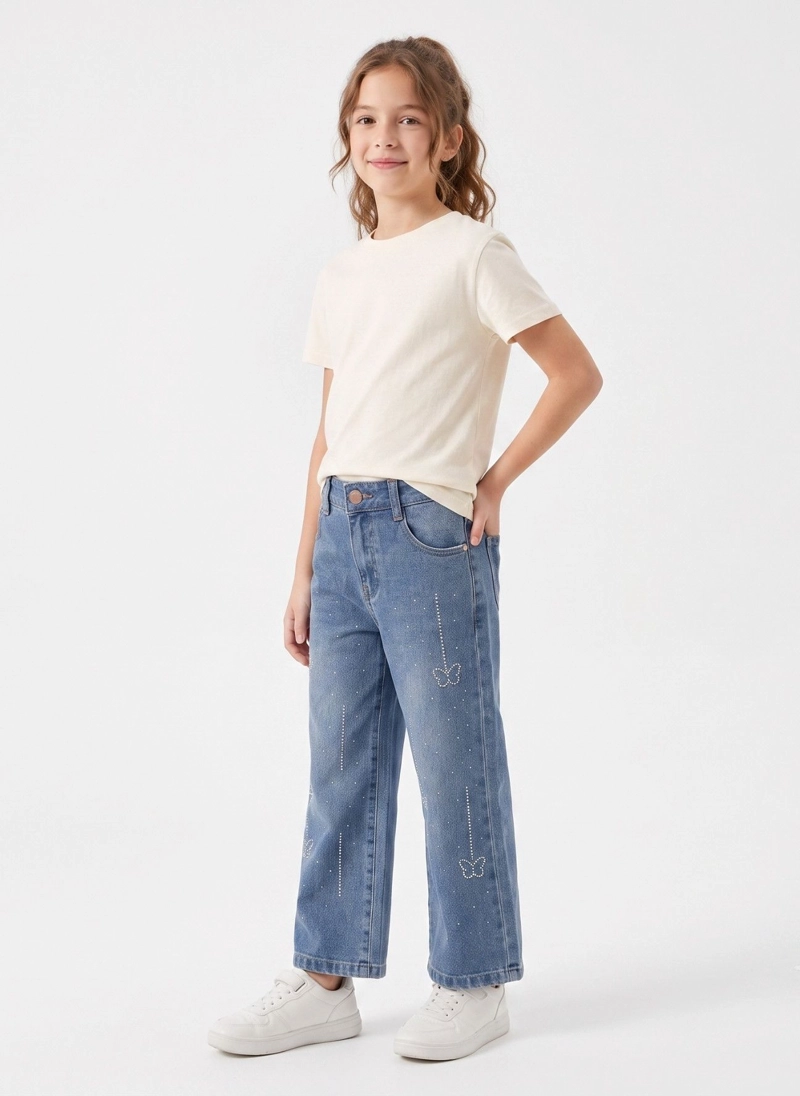 JEANS WIDE LEG CON BRILLOS MARIPOSAS STRASS TIRO ALTO - 2