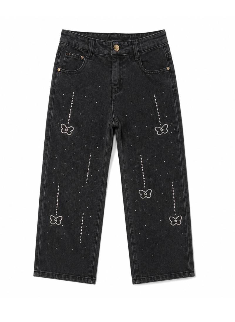 JEANS WIDE LEG CON BRILLOS MARIPOSAS STRASS TIRO ALTO - 2