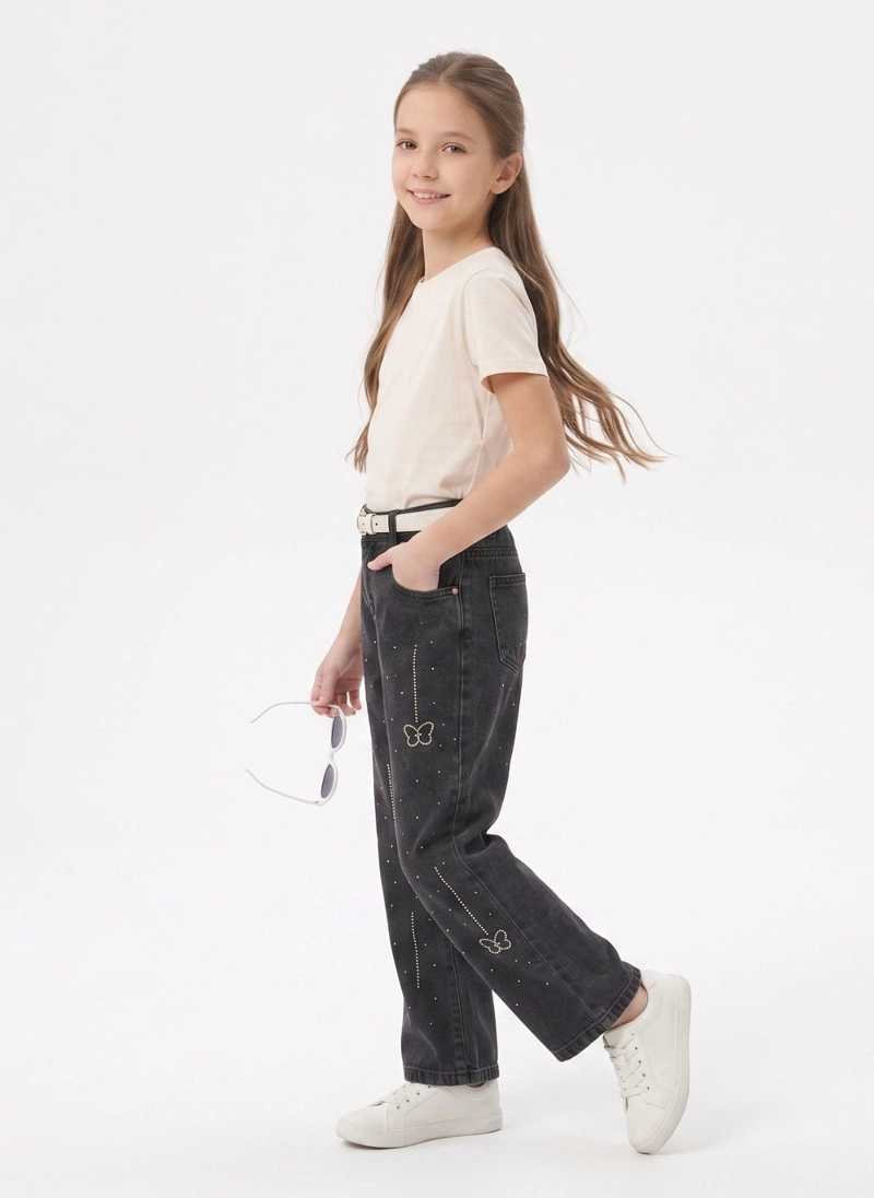 JEANS WIDE LEG CON BRILLOS MARIPOSAS STRASS TIRO ALTO - 3