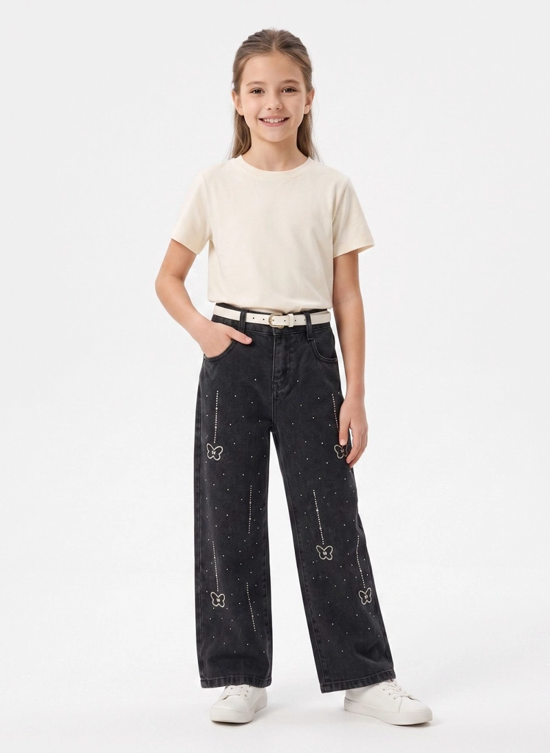 JEANS WIDE LEG CON BRILLOS MARIPOSAS STRASS TIRO ALTO - 4