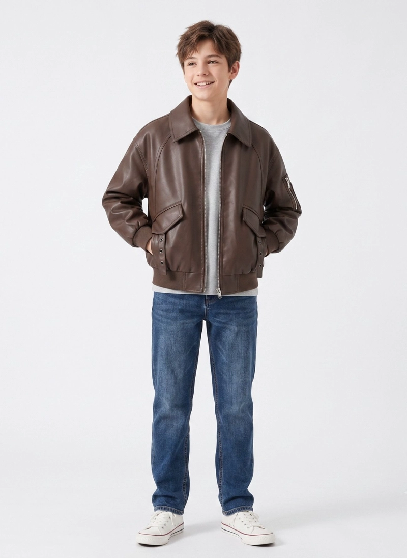 CHAQUETA ECOCUERO NINO ESTILO AVIADOR BIKER INVIERNO - 1
