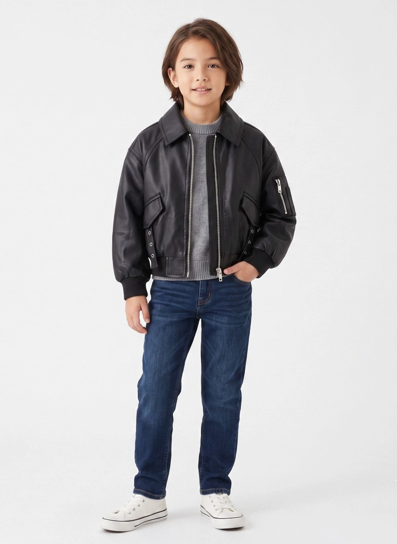 CHAQUETA ECOCUERO NINO ESTILO AVIADOR BIKER INVIERNO - 1