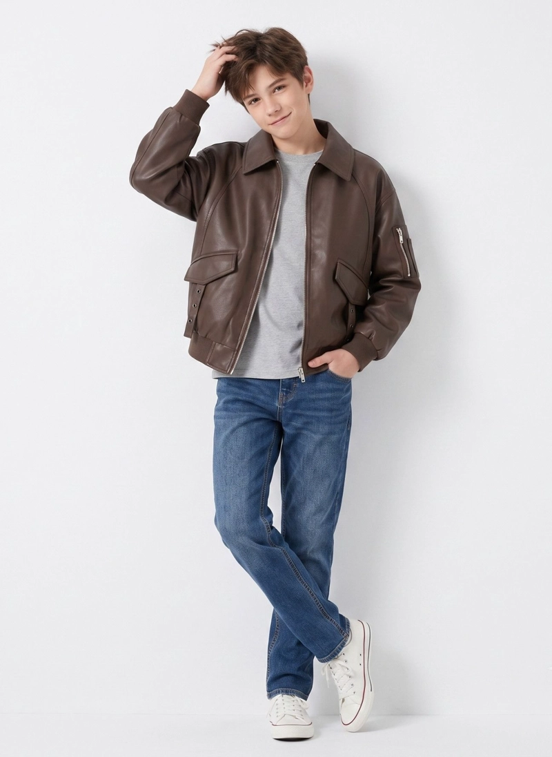 CHAQUETA ECOCUERO NINO ESTILO AVIADOR BIKER INVIERNO - 2