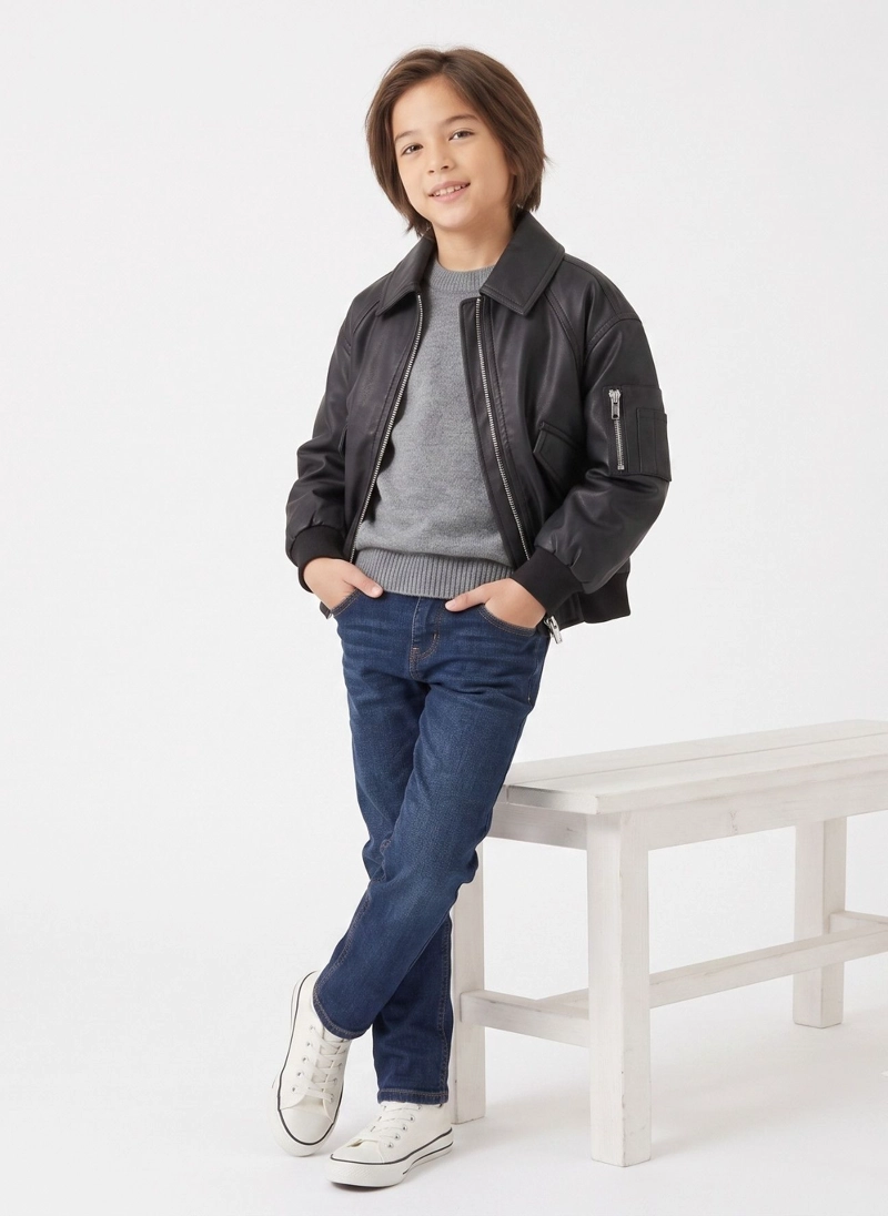 CHAQUETA ECOCUERO NINO ESTILO AVIADOR BIKER INVIERNO - 2