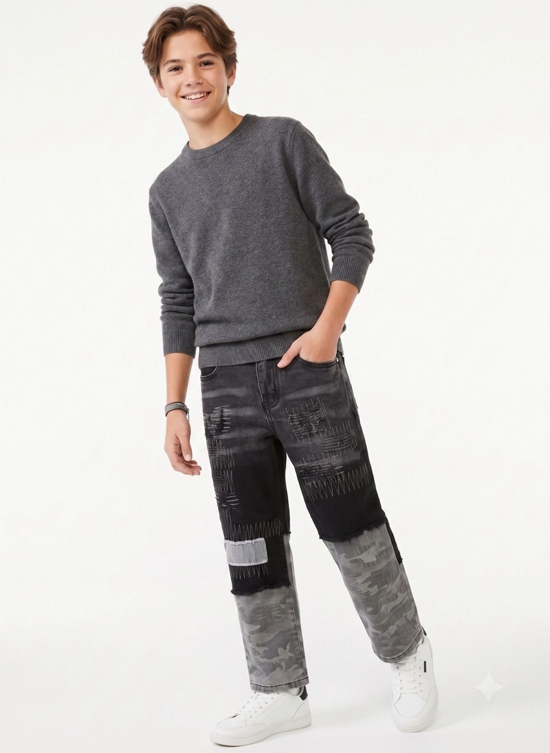 JEANS NIÑO PATCHWORK CAMUFLAJE PANTALON MEZCLILLA MODA - 1