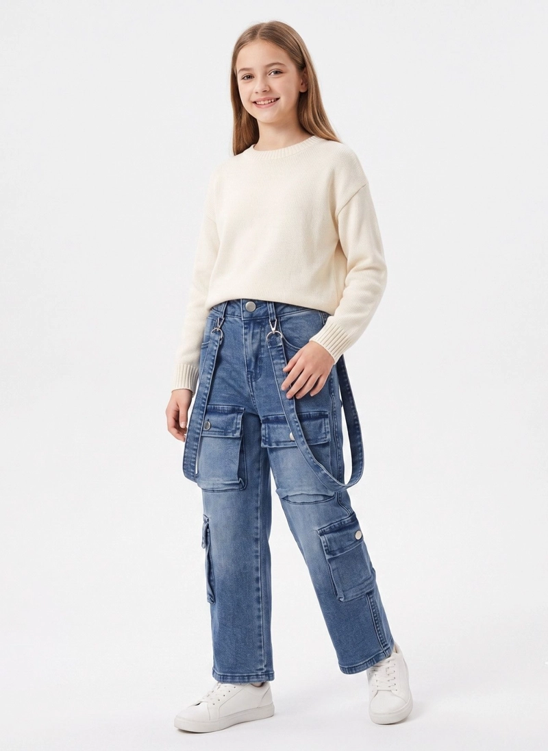JEANS CARGO NIÑA CON TIRANTES Y BOLSILLOS MODA URBANA - 1