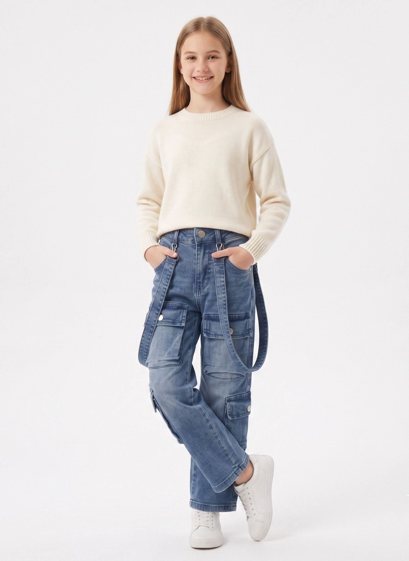 JEANS CARGO NIÑA CON TIRANTES Y BOLSILLOS MODA URBANA - 3
