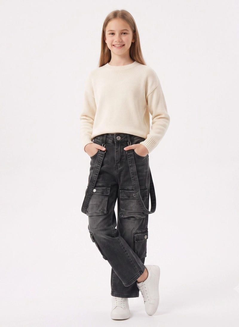 JEANS CARGO NIÑA CON TIRANTES Y BOLSILLOS MODA URBANA - 4