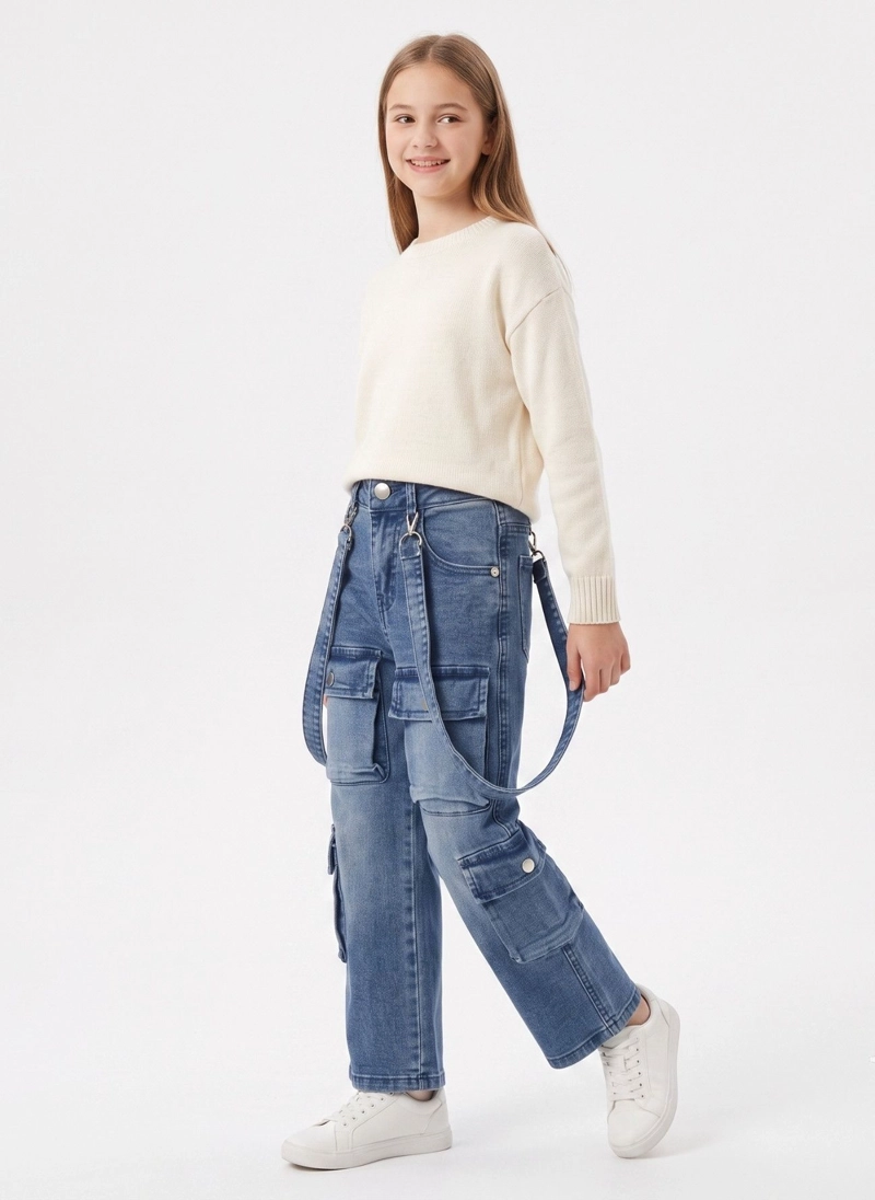 JEANS CARGO NIÑA CON TIRANTES Y BOLSILLOS MODA URBANA - 4