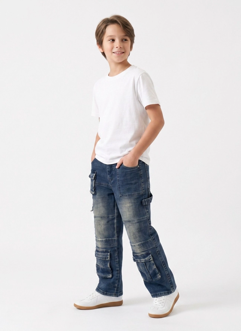 PANTALON JEANS CARGO NIÑO DENIM URBANO BOLSILLOS - 4