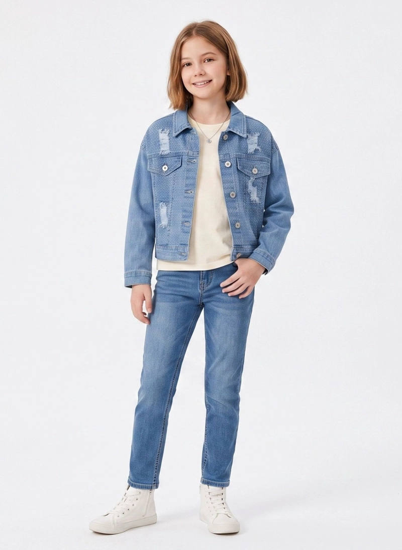 CHAQUETA DE MEZCLILLA NIÑA CON BRILLOS Y RASGADOS DENIM - 1
